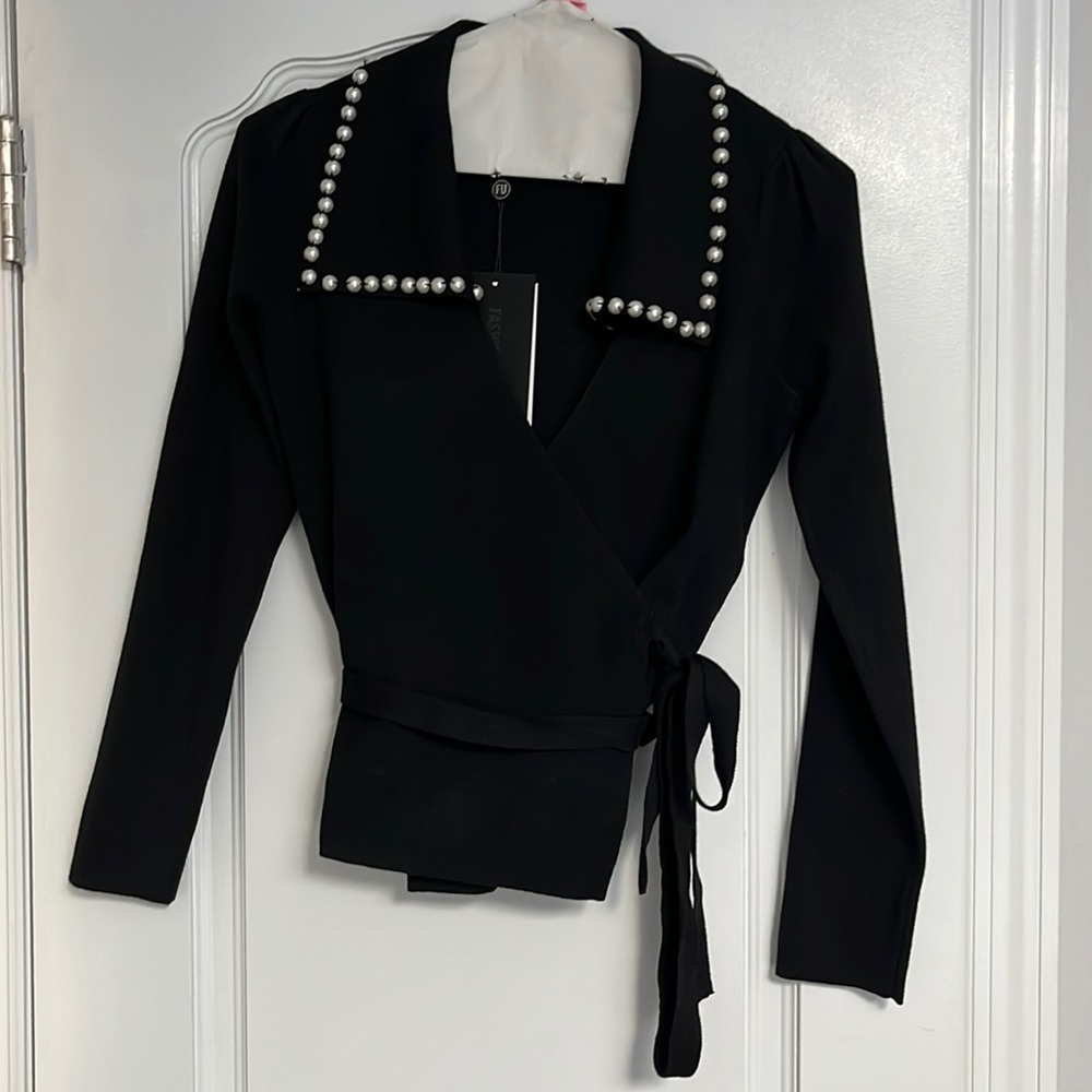 Black wrap sweater w/ pearl detail, new with tags, us 4 (runs small/short)